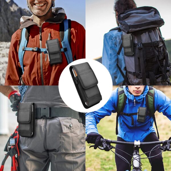 Phone Holster for Men Belt Clip Pouch, for iPhone 14, 14 Pro, 13, 13 Pro, 12 Pro, 12, X, XR, Xs, 11 Pro and More, 6.45" Nylon Cell Phone Holster Mobile Card Holder Case (L, Black)