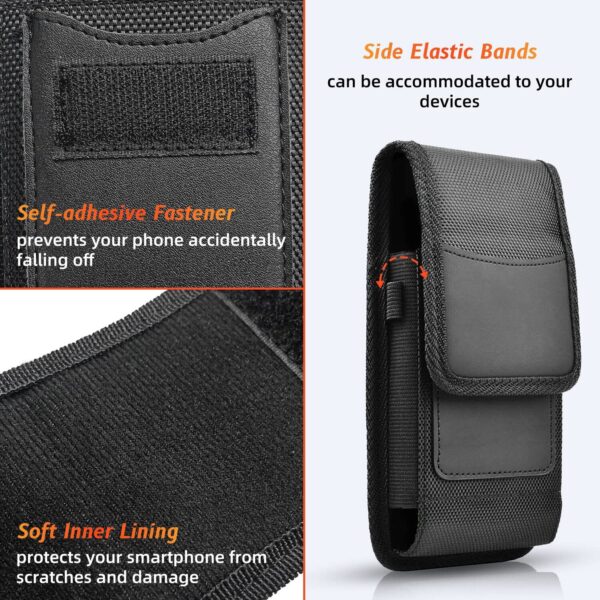 Phone Holster for Men Belt Clip Pouch, for iPhone 14, 14 Pro, 13, 13 Pro, 12 Pro, 12, X, XR, Xs, 11 Pro and More, 6.45" Nylon Cell Phone Holster Mobile Card Holder Case (L, Black)