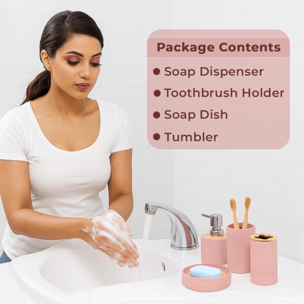 Story@Home 4 Pieces Bathroom Accessories Set | Toothbrush Holder, Soap Dispenser, Mouth Wash Cup & Soap Dish for Home Kitchen & Bathroom | Bathroom Essentials for Office - Peach