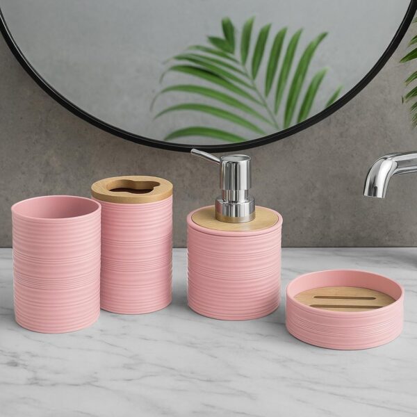 Story@Home 4 Pieces Bathroom Accessories Set | Toothbrush Holder, Soap Dispenser, Mouth Wash Cup & Soap Dish for Home Kitchen & Bathroom | Bathroom Essentials for Office - Peach