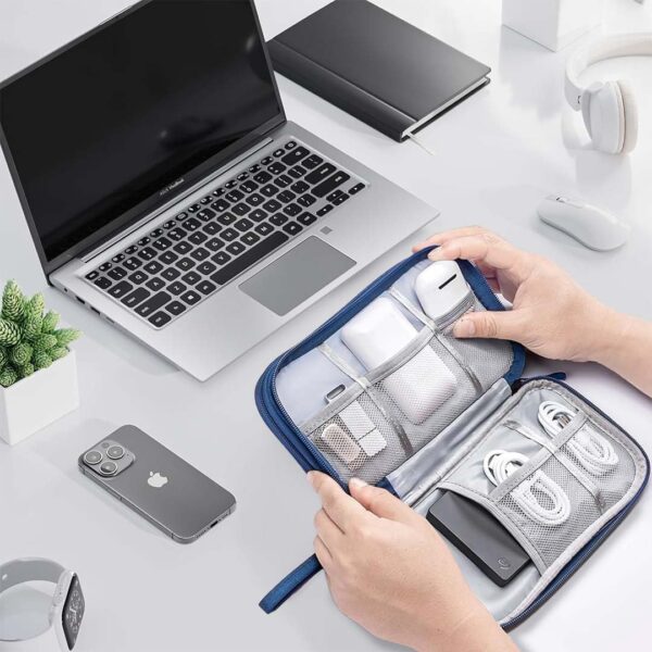 Elfora Compact Cable Organizer Bag | Double Layer Storage Pouch for Cables, Chargers, AirPods, Power Bank & Other Accessories | Durable & Portable Nylon Travel Case with Mesh Pockets – Blue