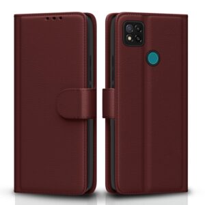 Pikkme Flip Cover Leather Finish | Inside TPU with Card Pockets | Wallet Stand and Shock Proof | Complete Protection Flip Case for Redmi 10A/10A Sport/Redmi 9/Redmi 9 Activ/9C/Poco C31(Brown)
