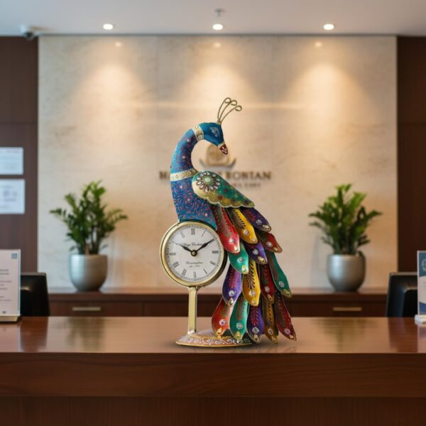 Metal Peacock Showpiece with Table Clock | Decorative Iron Peacock Table Decor with Analog Clock | Desk Accent for Living Room | Traditional Home Decoration Item for Gift Option