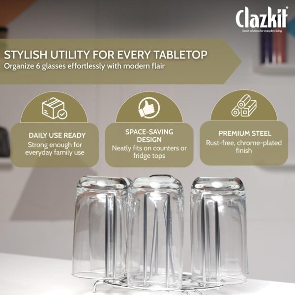 Clazkit Stainless Steel Glass Holder for 6 Glasses, Glass Stand Steel for Dining Table/Kitchen, Tumbler Holder, Pull-Out Countertop Shelves Heavy Duty - SILVER