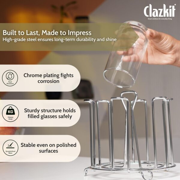 Clazkit Stainless Steel Glass Holder for 6 Glasses, Glass Stand Steel for Dining Table/Kitchen, Tumbler Holder, Pull-Out Countertop Shelves Heavy Duty - SILVER