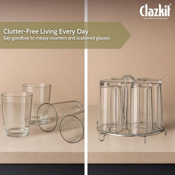 Clazkit Stainless Steel Glass Holder for 6 Glasses, Glass Stand Steel for Dining Table/Kitchen, Tumbler Holder, Pull-Out Countertop Shelves Heavy Duty - SILVER