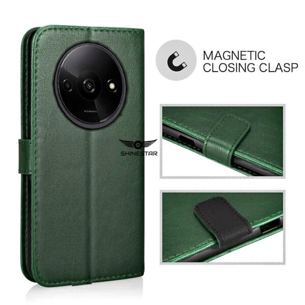 SHINESTAR Redmi A3 (2024) / Redmi A3x / Poco C61 Flip Back Cover | PU Leather Flip Cover Wallet Case with TPU Silicone Case Back Cover for Redmi A3 (2024) / Redmi A3x / Poco C61 - Unique Green