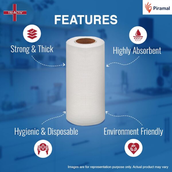 Tri-Activ Washable & Reusable Kitchen Towel Roll | 80 Pulls per Roll, 160 Sheets Pack of 2 | Highly Absorbent Kitchen Tissue Roll | Non Woven Fabric | Better alternative to Paper Tissue Roll | White