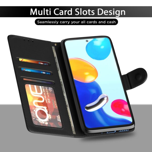 Pikkme Flip Cover Leather Finish | Inside TPU with Card Pockets | Wallet Stand and Shock Proof | Complete Protection Flip Case for Redmi Note 11 / Note 11s (Black)