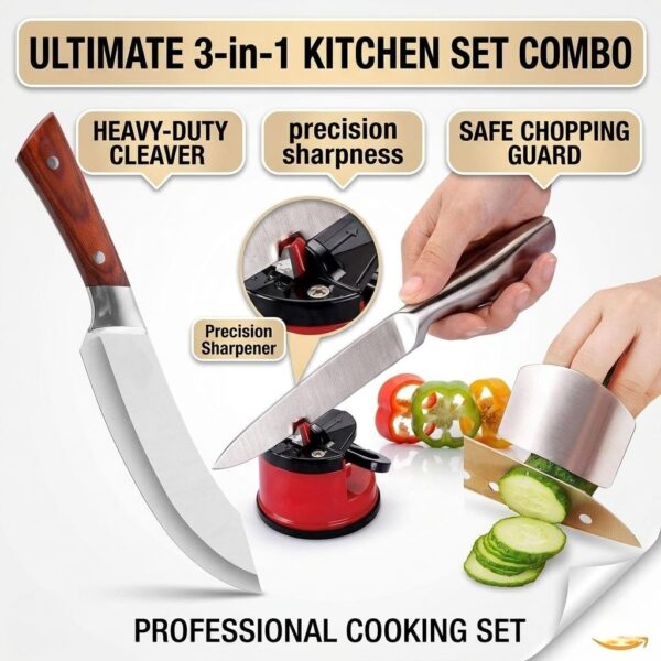 ABSTER 3 in 1 Kitchen Knife Set with Finger Guard & Suction Knife Sharpener | Stainless Steel Chef Knife Combo for Cutting Vegetables, Fruits & Meat | Safe & Durable Kitchen Tools