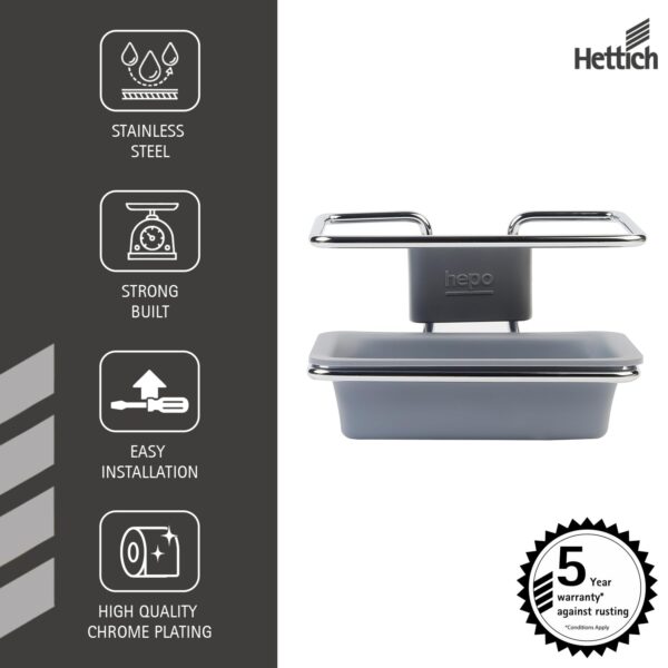 Hepo Stainless Steel Bathroom Tooth Brush Holder Stand Storage Organizer, 1 Tooth Brush Holder | 1 Plastic Tray | 1 Cover Cap |3 Wall Fixing Screws (Grey, 150x100x70 mm) Set of 1