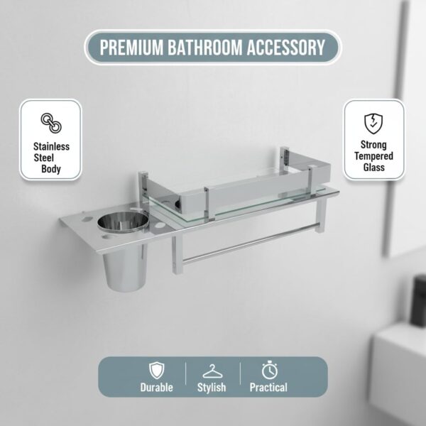 Filox 3-in-1 Stainless Steel Bathroom Organizer Shelf with Towel Rod & Tumbler Holder | Wall Mounted Multipurpose Bathroom Rack | Rust-Proof, Space Saving Bathroom Accessory (15 X 5 INCH)