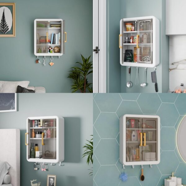 Plastic Self-Adhesive No-Drill with Magic Sticker Wall Mounted Bathroom & Kitchen Storage Cabinet | Multipurpose Organizer with Doors & Shelves for Toiletries, Makeup, Skincare & Essentials