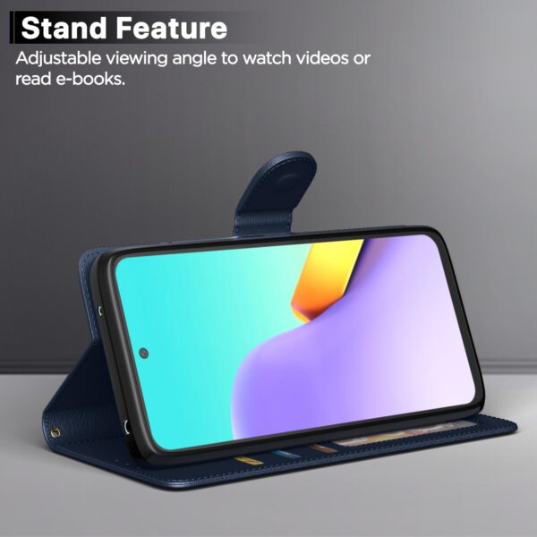 Pikkme Flip Cover Leather Finish | Inside TPU with Card Pockets | Wallet Stand and Shock Proof | Complete Protection Flip Case for Redmi 12 5G / Poco M6 Pro 5G(Blue)