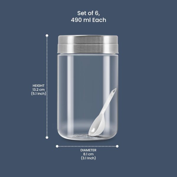 1775214070_MILTON-Steel-Seal-500-Plastic-Storage-Jar-and-Container-Set-of-6-490ml-each-Airtight-Steel-Lid-BPA-Free-Containers-with-Spoon-For-Kitchen-Storage-Grocery-Organising-Multipurpose-Modular-Clear.jpg MILTON Steel Seal 500 Plastic Storage Jar and Container Set of 6, 490ml each, Airtight Steel Lid & BPA Free Containers with Spoon For Kitchen Storage, Grocery Organising, Multipurpose Modular, Clear