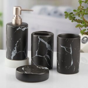 Kookee Ceramic Bathroom Set – Stylish 4 Piece Bath Accessories Kit with Soap Dispenser, Toothbrush Holder, Tumbler & Soap Dish – Modern & Designer Decor for Home & Guest Bathrooms, Black (10425)