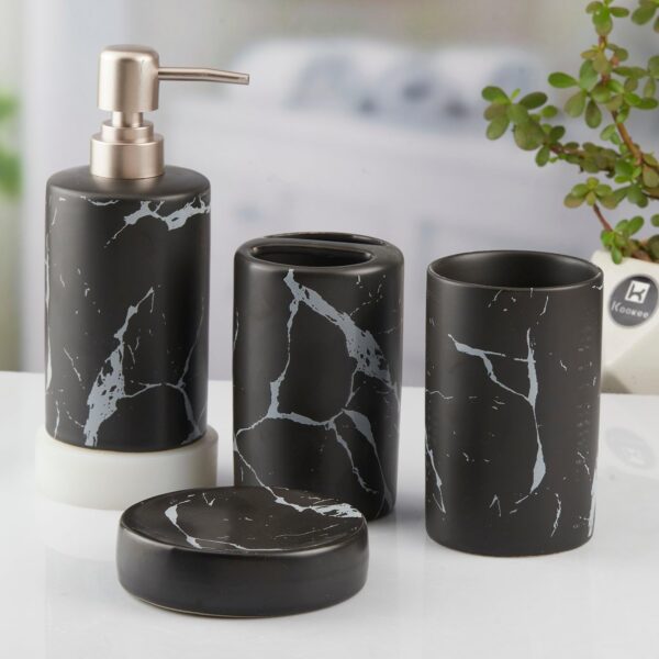 Kookee Ceramic Bathroom Set – Stylish 4 Piece Bath Accessories Kit with Soap Dispenser, Toothbrush Holder, Tumbler & Soap Dish – Modern & Designer Decor for Home & Guest Bathrooms, Black (10425)