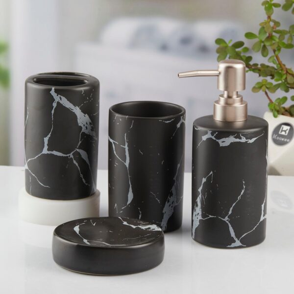 Kookee Ceramic Bathroom Set – Stylish 4 Piece Bath Accessories Kit with Soap Dispenser, Toothbrush Holder, Tumbler & Soap Dish – Modern & Designer Decor for Home & Guest Bathrooms, Black (10425)
