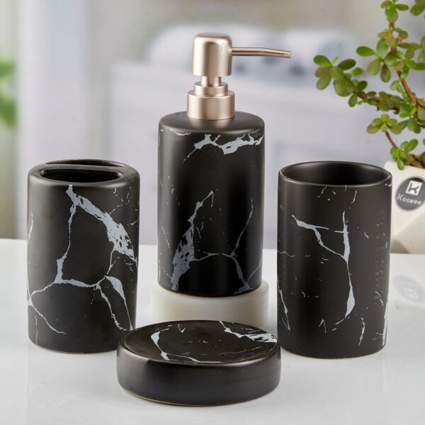Kookee Ceramic Bathroom Set – Stylish 4 Piece Bath Accessories Kit with Soap Dispenser, Toothbrush Holder, Tumbler & Soap Dish – Modern & Designer Decor for Home & Guest Bathrooms, Black (10425)