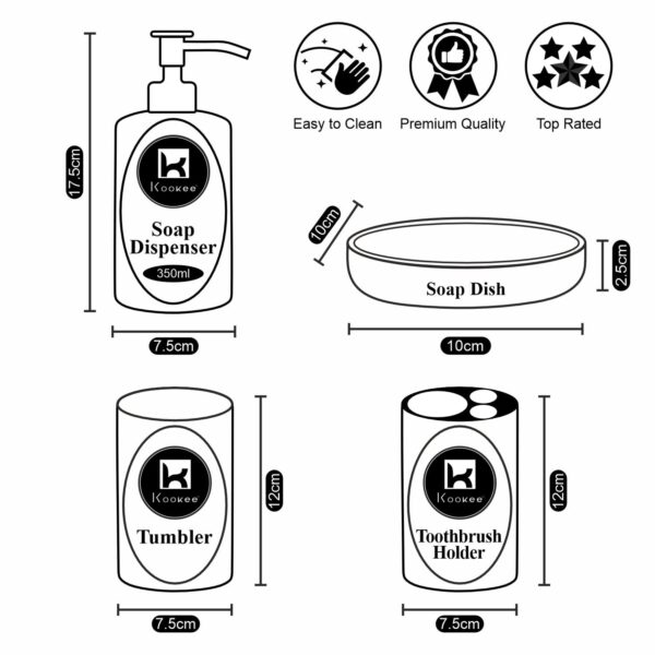 Kookee Ceramic Bathroom Set – Stylish 4 Piece Bath Accessories Kit with Soap Dispenser, Toothbrush Holder, Tumbler & Soap Dish – Modern & Designer Decor for Home & Guest Bathrooms, Black (10425)