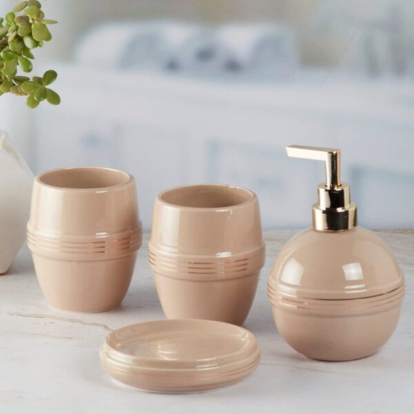 Kookee Ceramic Bathroom Set – Stylish 4 Piece Bath Accessories Kit with Soap Dispenser, Toothbrush Holder, Tumbler & Soap Dish – Modern & Designer Decor for Home & Guest Bathrooms, Light Brown (5758)