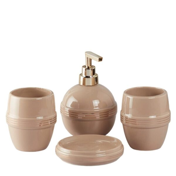 Kookee Ceramic Bathroom Set – Stylish 4 Piece Bath Accessories Kit with Soap Dispenser, Toothbrush Holder, Tumbler & Soap Dish – Modern & Designer Decor for Home & Guest Bathrooms, Light Brown (5758)