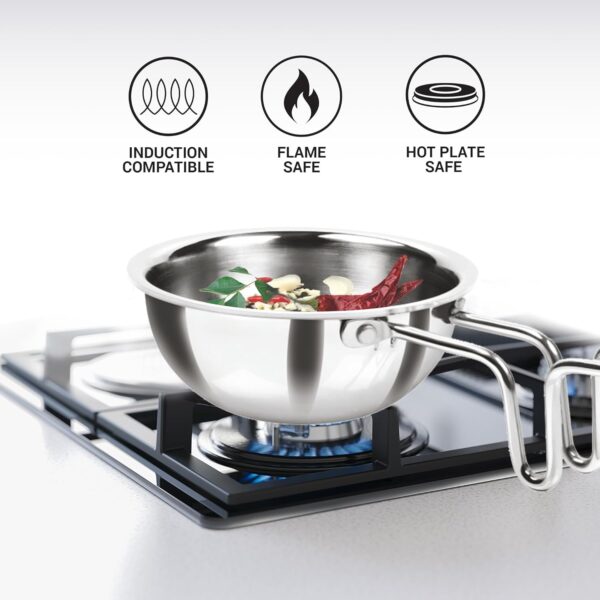 MILTON Pro cook Induction Cookware & Gas Stove Friendly Triply Stainless Steel Tadka Pan 12 cm | 370 ml Capacity | Frying Dal & Spices | Long Handle | Smooth Finish | 3 Year Warranty