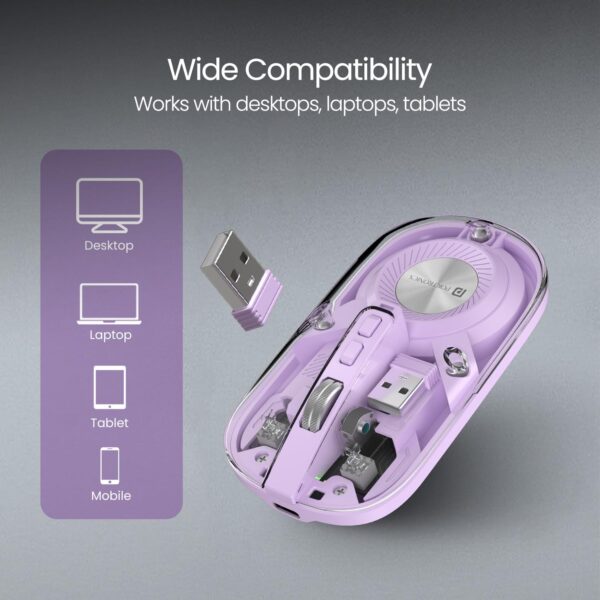 1775262245_Portronics-Toad-8-Transparent-Wireless-Bluetooth-Mouse-with-Dual-Wireless-BT-2.4-GHz-Rechargeable-Battery-Noise-Free-Clicking-ShowHide-Desktop-Multi-Device-Pair-Adjust-Sensitivity-Purple.jpg Portronics Toad 8 Transparent Wireless Bluetooth Mouse with Dual Wireless (BT + 2.4 GHz), Rechargeable Battery, Noise-Free Clicking, Show/Hide Desktop, Multi-Device Pair, Adjust Sensitivity (Purple)