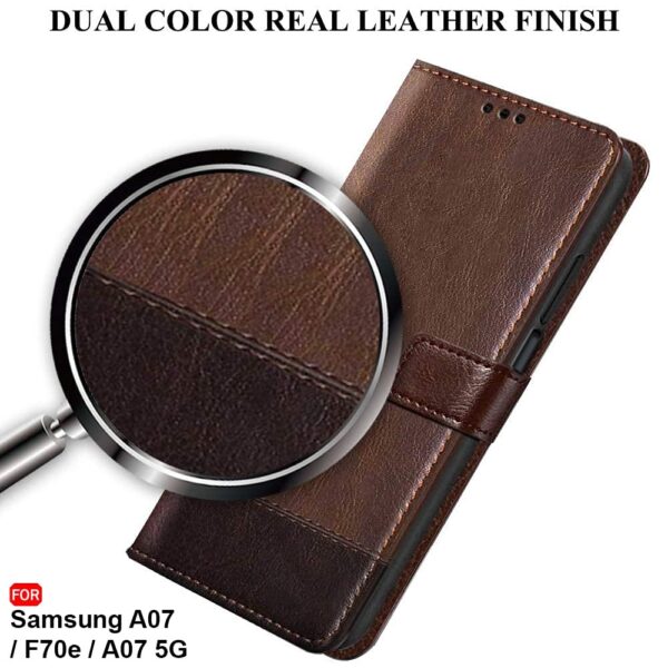 TheGiftKart Flip Back Cover Case for Samsung Galaxy M17e 5G / A07 / F70e / A07 5G | Dual-Color Leather Finish | Inbuilt Stand & Pockets | Wallet Style Flip Cover Case (Faux Leather, Brown & Coffee)