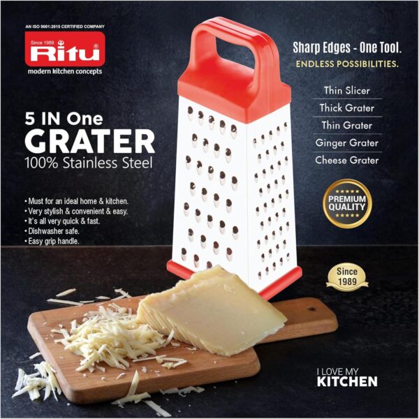 1775274789_RITU-Stainless-Steel-5-in-1-Grater-Slicer-with-4-Sides-Heavy-Duty-Multipurpose-Kitchen-Tool-for-Cheese-Vegetables-Ginger-Garlic-Home-Cooking-Essential-Grater-Slicer-for-Daily-Use.jpg RITU Stainless Steel 5 -in -1 Grater & Slicer with 4 Sides | Heavy Duty Multipurpose Kitchen Tool for Cheese, Vegetables, Ginger, Garlic | Home Cooking Essential Grater & Slicer for Daily Use