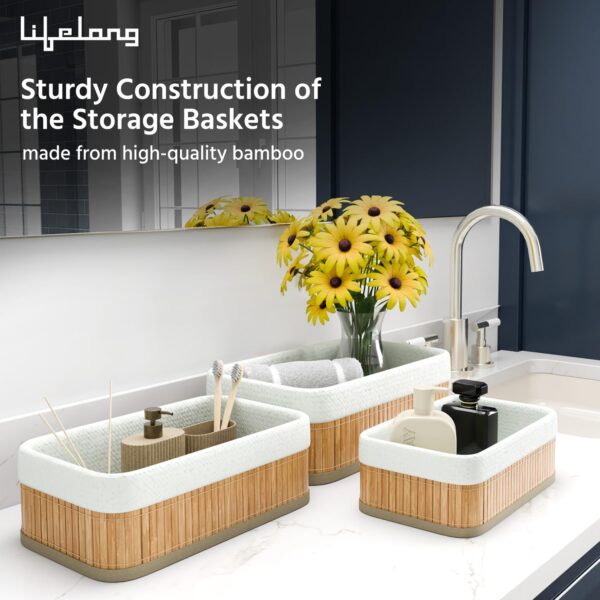 Lifelong Bathroom Organiser | 3 - Bamboo Makeup Basket, Countertop, Perfume Shelf & Water-Resistant Tray for Toiletries | Elegant & Functional Storage Solution for Counter & Table Accessories