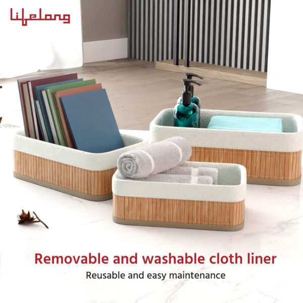 Lifelong Bathroom Organiser | 3 - Bamboo Makeup Basket, Countertop, Perfume Shelf & Water-Resistant Tray for Toiletries | Elegant & Functional Storage Solution for Counter & Table Accessories