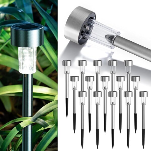 Solar Outdoor Pathway light Walkway Lights Outdoor,Garden LED Lights Waterproof, Stainless Steel LED Landscape Lighting Outdoor Solar Lights for Outside Landscape/Patio/Lawn/Yard (Cold White) (16)