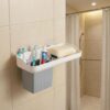 HAPPI Soap Stand for Bathroom – Self-Adhesive Wall-Mounted Soap Case with Glass Tumbler, Tooth Brush Holder & Bottle Space Shelf Tray, Soap Dish Holder for Bathroom Organizer (White/Grey)