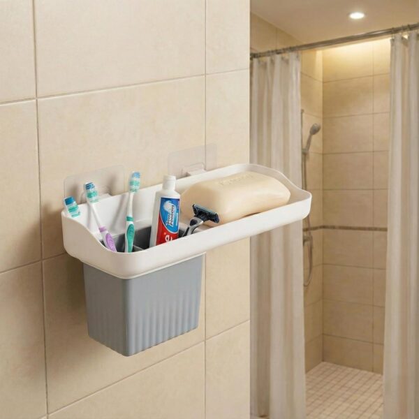 HAPPI Soap Stand for Bathroom – Self-Adhesive Wall-Mounted Soap Case with Glass Tumbler, Tooth Brush Holder & Bottle Space Shelf Tray, Soap Dish Holder for Bathroom Organizer (White/Grey)