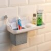 HAPPI Soap Stand for Bathroom – Self-Adhesive Wall-Mounted Soap Case with Glass Tumbler, Tooth Brush Holder & Bottle Space Shelf Tray, Soap Dish Holder for Bathroom Organizer (White/Grey)