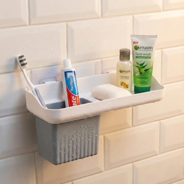 HAPPI Soap Stand for Bathroom – Self-Adhesive Wall-Mounted Soap Case with Glass Tumbler, Tooth Brush Holder & Bottle Space Shelf Tray, Soap Dish Holder for Bathroom Organizer (White/Grey)