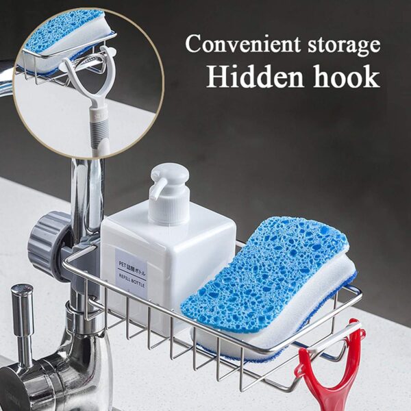 Stainless Steel Faucet Sponge Holder Rack, Kitchen and Bathroom Sink Organizer Caddy with Soap Scrubber Stand and Towel Holder