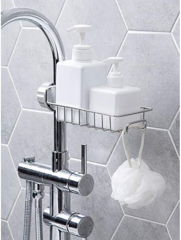 Stainless Steel Faucet Sponge Holder Rack, Kitchen and Bathroom Sink Organizer Caddy with Soap Scrubber Stand and Towel Holder
