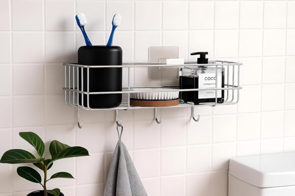 1775328625_Stainless-Steel-Self-Adhesive-Bathroom-Shelf-with-4-Hooks-for-WallShelf-OrganizerKitchen-Shelf-with-Magic-Stickers-Saving-Wall-Mounted-Bathroom-Shelf-Pack-of-2-Chrome.jpg Stainless Steel Self Adhesive Bathroom Shelf with 4 Hooks for Wall/Shelf Organizer/Kitchen Shelf with Magic Stickers, Saving Wall Mounted Bathroom Shelf, Pack of 2, Chrome