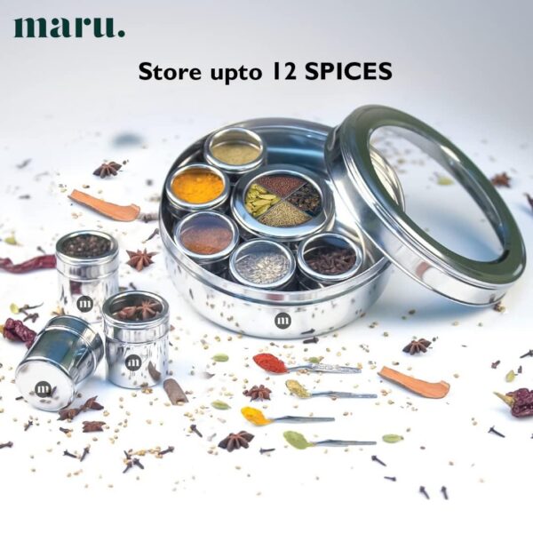 MARU Steel 12-in-1 Spice Box For Kitchen, Durable Masala Dani with Middle Partition Container & See- Through Lids, Stylish Anjarai Petti, Elegant Kitchen Storage Masala box