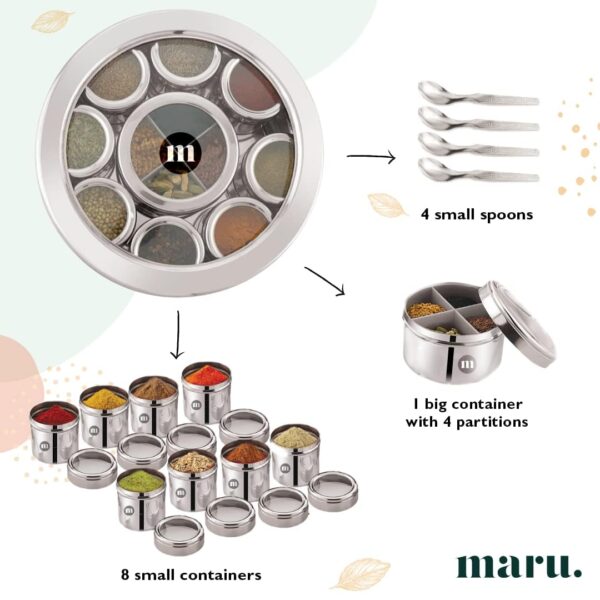 MARU Steel 12-in-1 Spice Box For Kitchen, Durable Masala Dani with Middle Partition Container & See- Through Lids, Stylish Anjarai Petti, Elegant Kitchen Storage Masala box