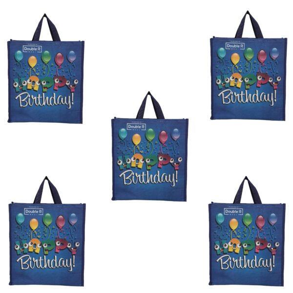 DOUBLE R BAGS Reusable Multi-Purpose Shopping Bags with Handles for DOUBLE R BAGS Reusable Multi-Purpose Shopping Bags with Handles for Grocery, Vegetables & Kitchen Essentials | Tote Bag (Pack of 5, Birthday Print, Blue, 35.6X35.6X12.7 cm, 1 Compartment)