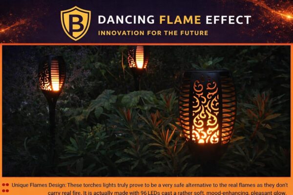 Solar Mashal Light Outdoor Waterproof | Dancing Flame Fire Torch 12 LED | Auto On/Off Dusk to Dawn | Solar Garden Lights for Lawn, Pathway, Balcony & Landscape | Warm Yellow | Large Pack of 2