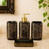 Whizzo Premium Ceramic Bathroom Accessories Set of 4 – Soap Dispenser, Toothbrush Holder, Tumbler & Soap Dish | Luxury Golden Geometric Design | Bathroom Décor Set for Home & Hotels (BS-844, Black)