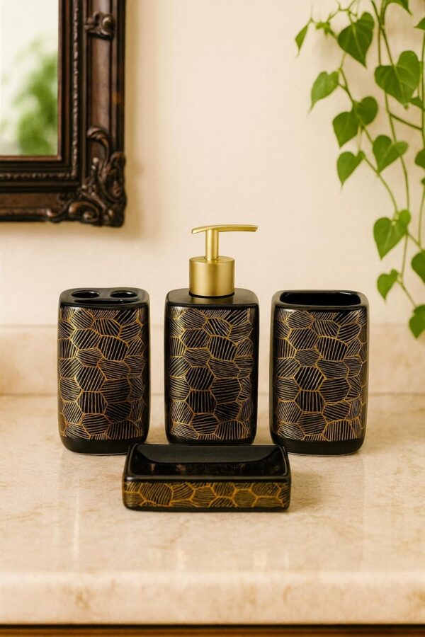 Whizzo Premium Ceramic Bathroom Accessories Set of 4 – Soap Dispenser, Toothbrush Holder, Tumbler & Soap Dish | Luxury Golden Geometric Design | Bathroom Décor Set for Home & Hotels (BS-844, Black)