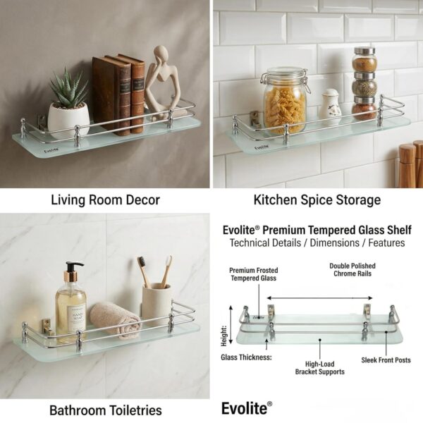 Evolite® Premium Tempered Glass Corner and Rectangle Shelf for |Bathroom | Living Room | Bedroom | Kitchen Shelves Racks & wall Mount All Accessories (ETGS-C5x18 Pack of 1)
