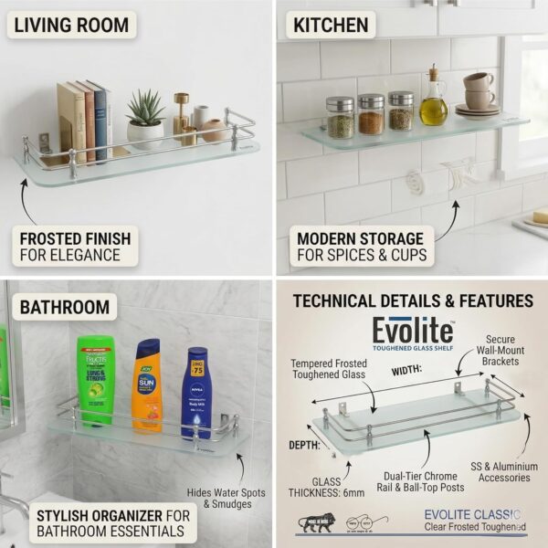 Evolite® Premium Tempered Glass Corner and Rectangle Shelf for |Bathroom | Living Room | Bedroom | Kitchen Shelves Racks & wall Mount All Accessories (ETGS-C5x18 Pack of 1)