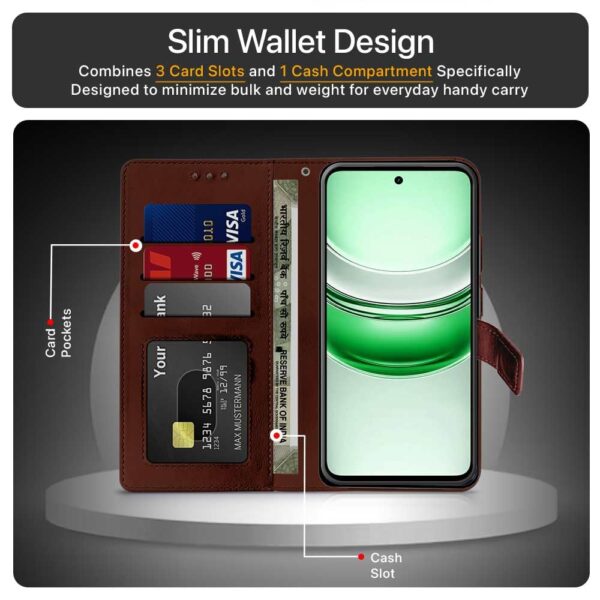 WOW IMAGINE Shock Proof Flip Cover Back Case Cover for Realme C75 | Realme C73 | Narzo 80 lite 5G | P3 Lite 5G (Flexible | Leather Finish | Card Pockets Wallet & Stand | Brown)