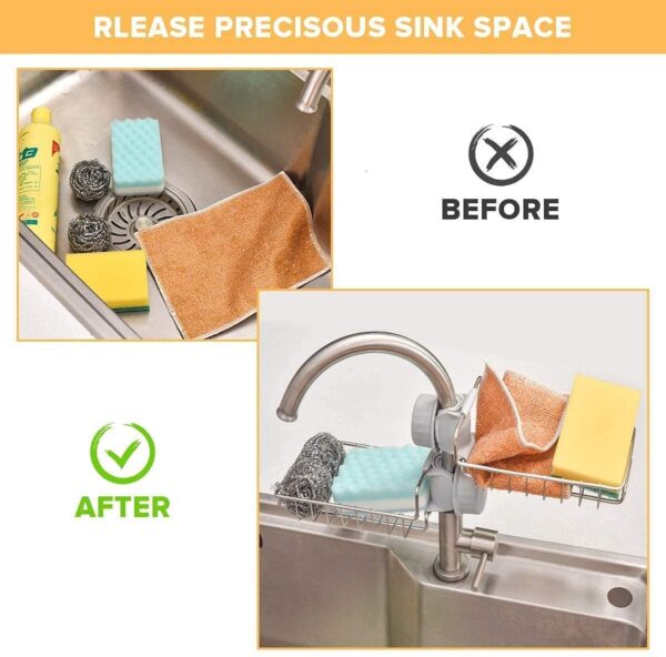 FLEEXA Kitchen Sink Sponge Holder – Over Faucet Stainless Steel Caddy for Soap, Brushes & Scrubbers – No Suction or Drilling Needed